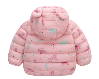 Pink baby puffer jacket with animal print and bear ears on hood, back view