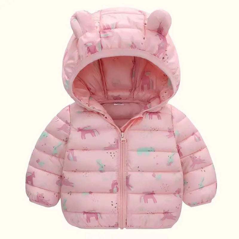 Pink baby puffer jacket with animal print and hood with bear ears, infant winter clothing