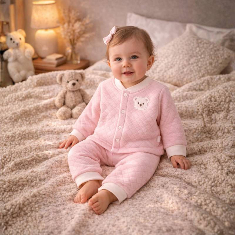 bebe usando pijama rosa inverno algodao confortavel roupa infantil